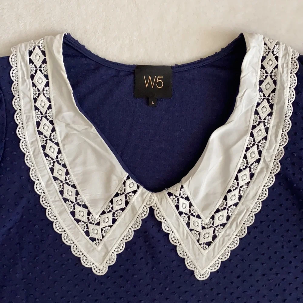 {Anthro} W5 | Scallop Bib Collar Swiss Dot Short Sleeve Feminine Blouse Top (L) - Picture 3 of 14